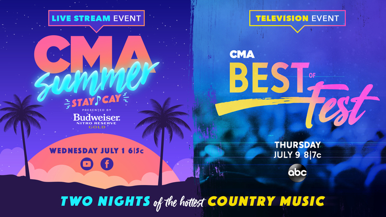The COUNTRY MUSIC ASSOCIATION (CMA) will bring fans two nights of Country music's best this Summer with two concert events, “CMA Best of Fest” and “CMA Summer Stay-Cay." Both shows will honor the legacy of CMA FEST, which was postponed this year due to safety concerns amidst the COVID-19 pandemic.  