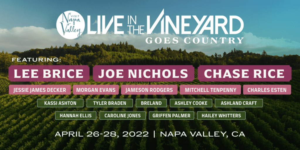 Chase Rice, Joe Nichols, & Lee Brice Announced for Live In The Vineyard Goes Country, Presented by Visit Napa Valley