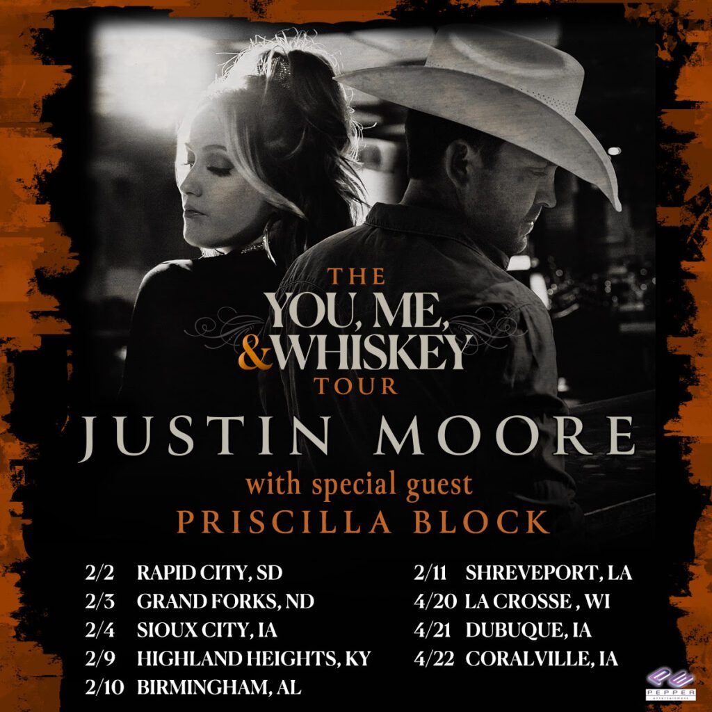 Justin Moore x Priscilla Block announce "You, Me, And Whiskey Tour"