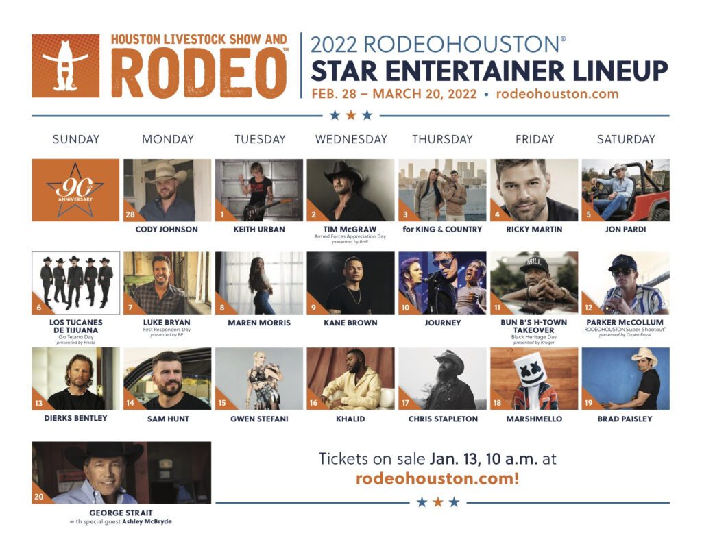 Get Tickets | Houston Livestock Show and Rodeo™ Announces 2022 RODEOHOUSTON® Entertainment Lineup for 90th Anniversary Celebration